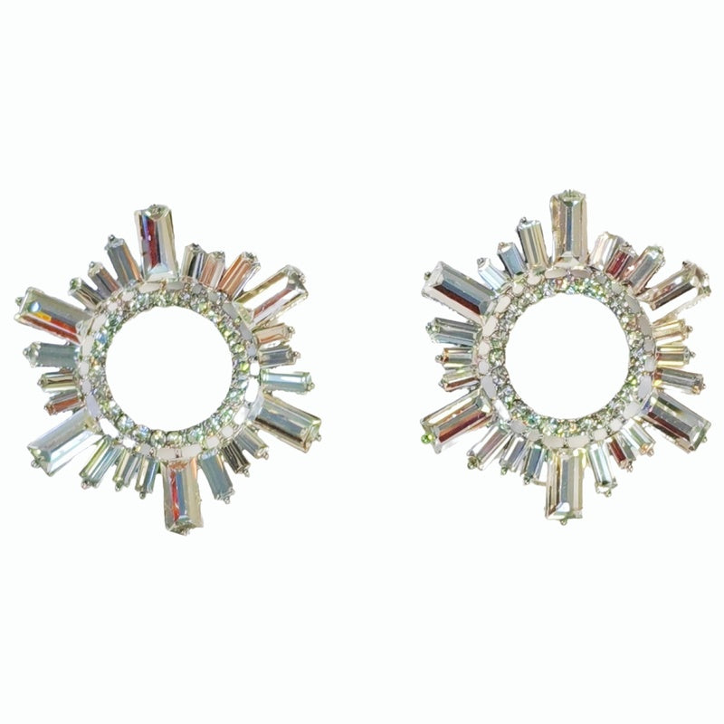 Alloy diamond-encrusted sparkling colorful diamond sunflower stage earrings, geometric circle evening earrings