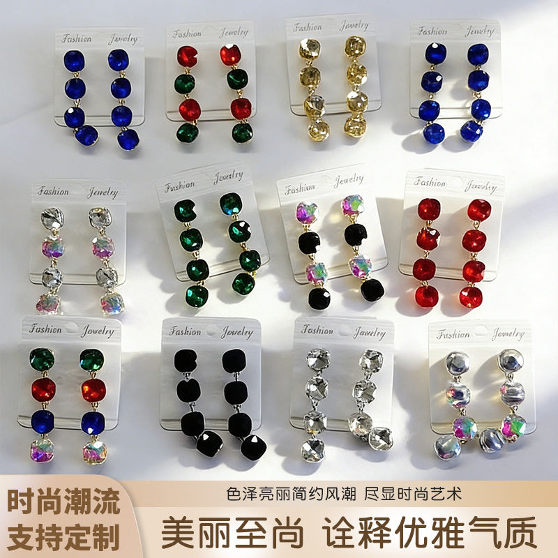 Multi-color beaded long water drop crystal earrings, fashionable, simple, versatile and elegant earrings