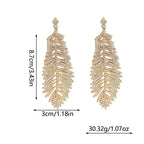 Fashionable feather for women, European American exaggerated retro cool style, stylish and unique hip-hop diamond-embellished leaf earrings
