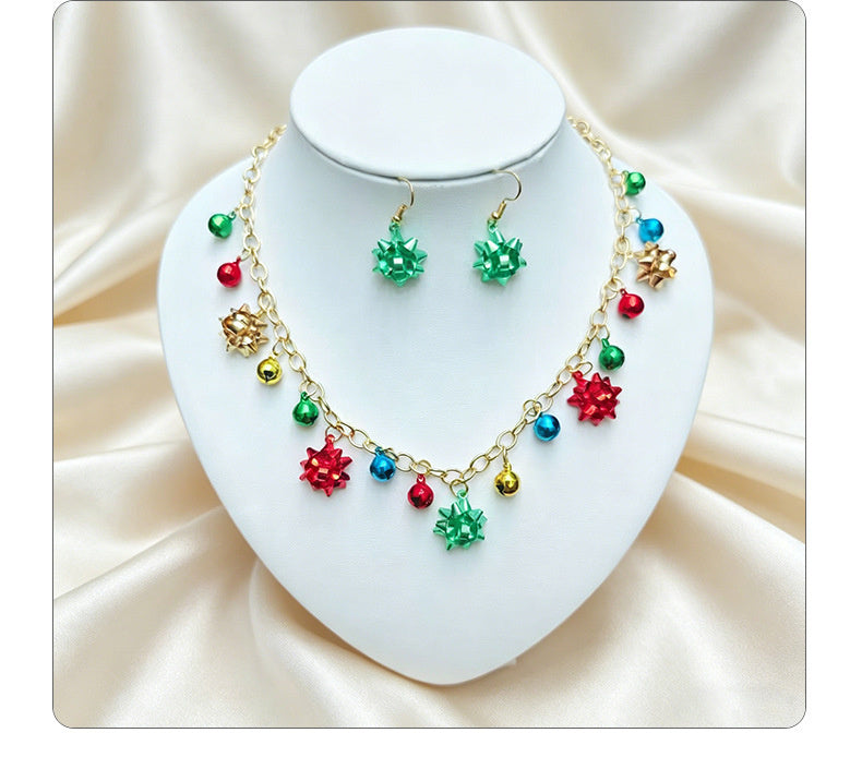Christmas Multi-element Enamel Necklace Earring Set in Red and Green Colors, Festive Atmosphere Women's Accessories