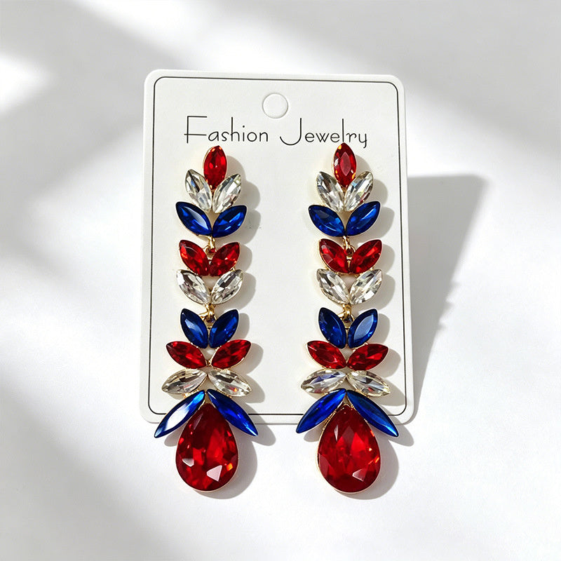 Red, blue, and white three-color crystal long water drop earrings, stage performance dress accessories, stylish ear jewelry