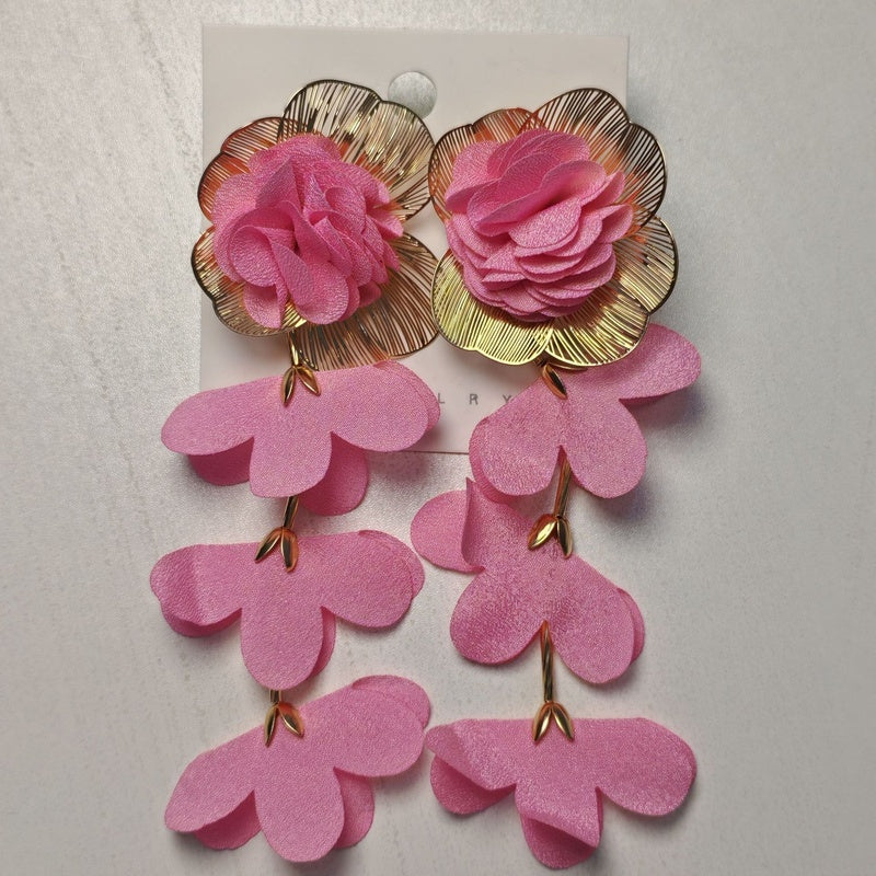 Exaggerated designer multi-layered chiffon floral earrings, beach vacation style earrings for women, light luxury