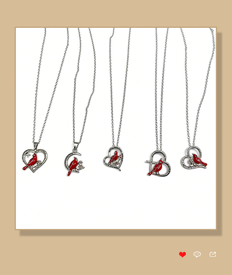 Crescent Red Bird Pendant Necklace for Women, Fashionable Heart-Shaped Diamond-Studded Clavicle Chain, Unique and Elegant Accessory