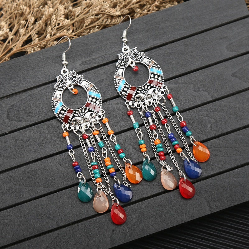 Cross-border handmade water drop seed bead Bohemian long tassel earrings, unique and exaggerated travel photo accessories