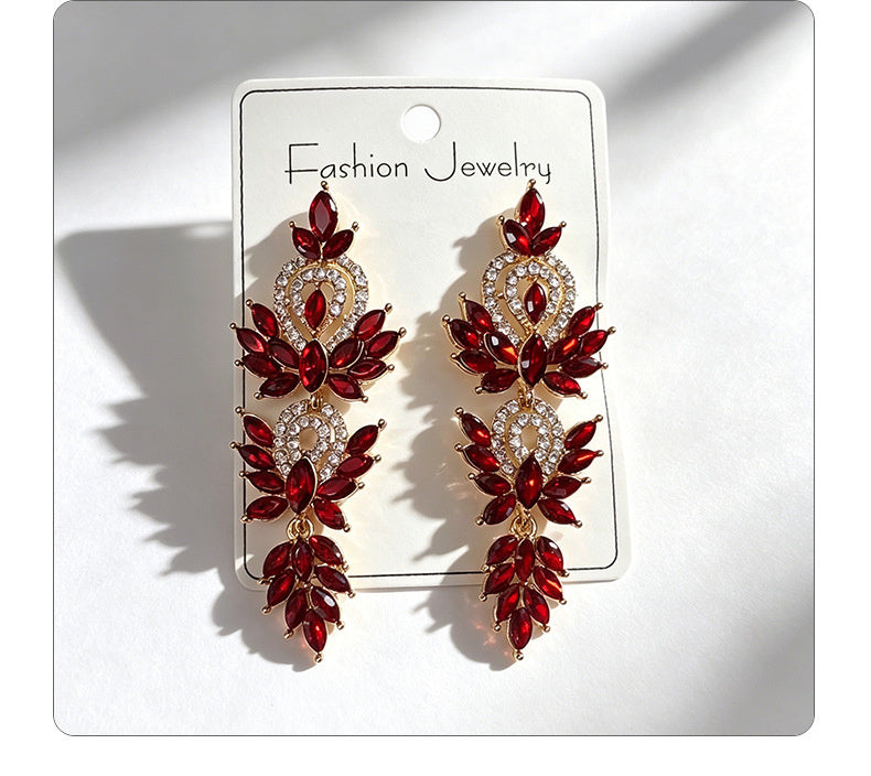 Colorful diamond wheat ear long earrings, niche light luxury design, stylish and versatile earrings