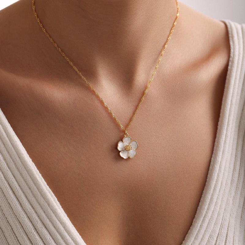Plated Enamel Gold Sakura Flower Necklace, Christmas Gift, Gift for her, Everyday Necklace