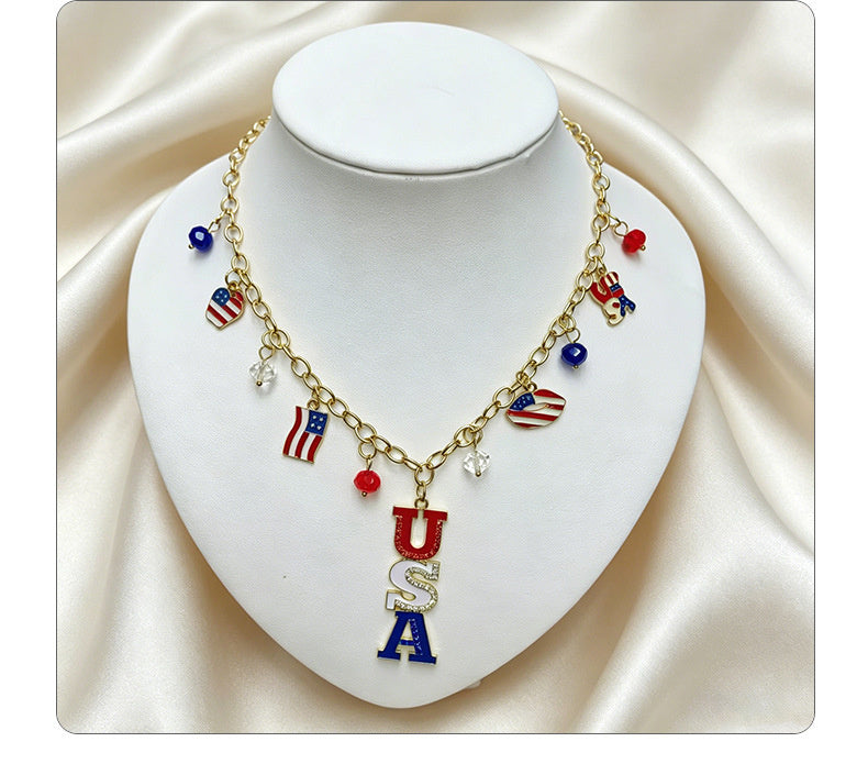 American Independence Day themed flag necklace for women, creative oil-drip star and heart pendant bracelet