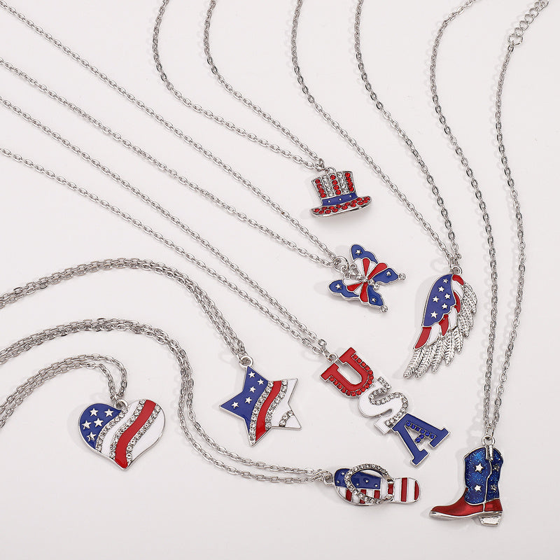 American Independence Day Flag Pendant Necklace with Rhinestones Patriotic Theme Collarbone Chain for Women