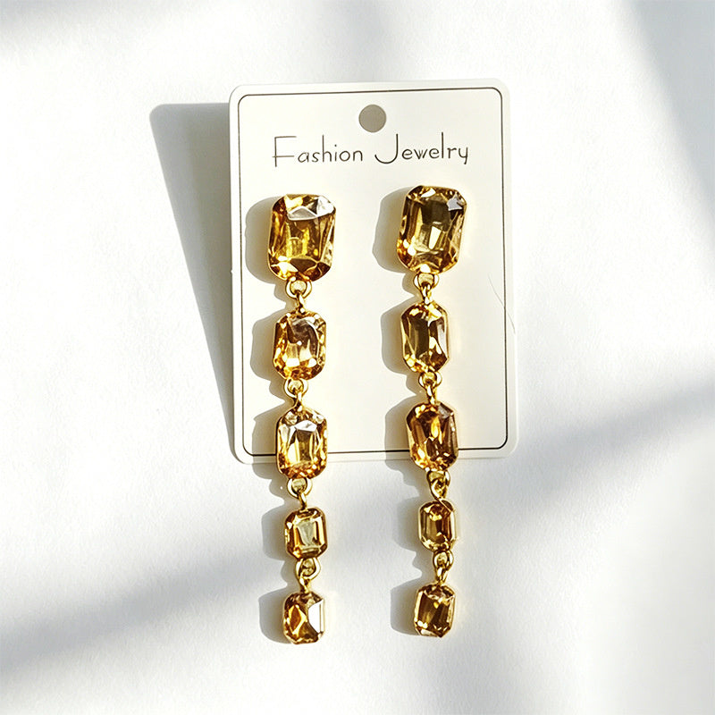 Palace-style rectangular colored diamond long drop gemstone pendant earrings, suitable for evening gowns, light luxury earrings