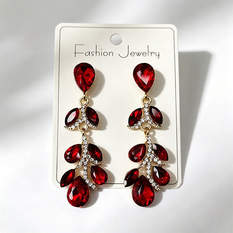 Colorful diamond leaf long earrings, niche light luxury design, stylish and versatile ear accessories