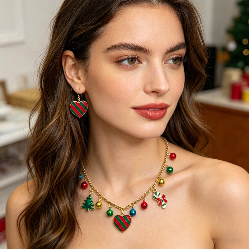 Christmas Multi-element Enamel Necklace Earring Set in Red and Green Colors, Festive Atmosphere Women's Accessories