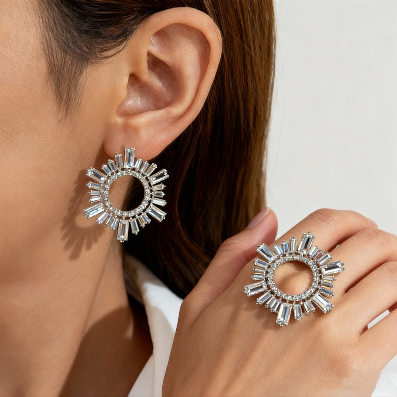 Alloy diamond-encrusted sparkling colorful diamond sunflower stage earrings, geometric circle evening earrings