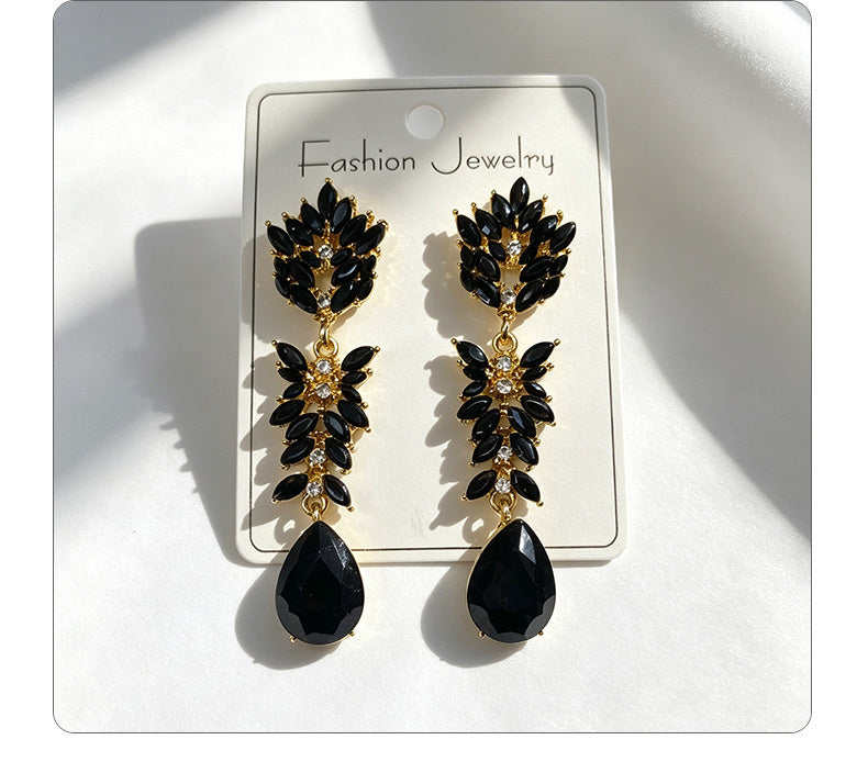 Colorful Crystal Leaf Long Earrings, Luxurious Palace-Style Exquisite Atmosphere Fashion Earrings