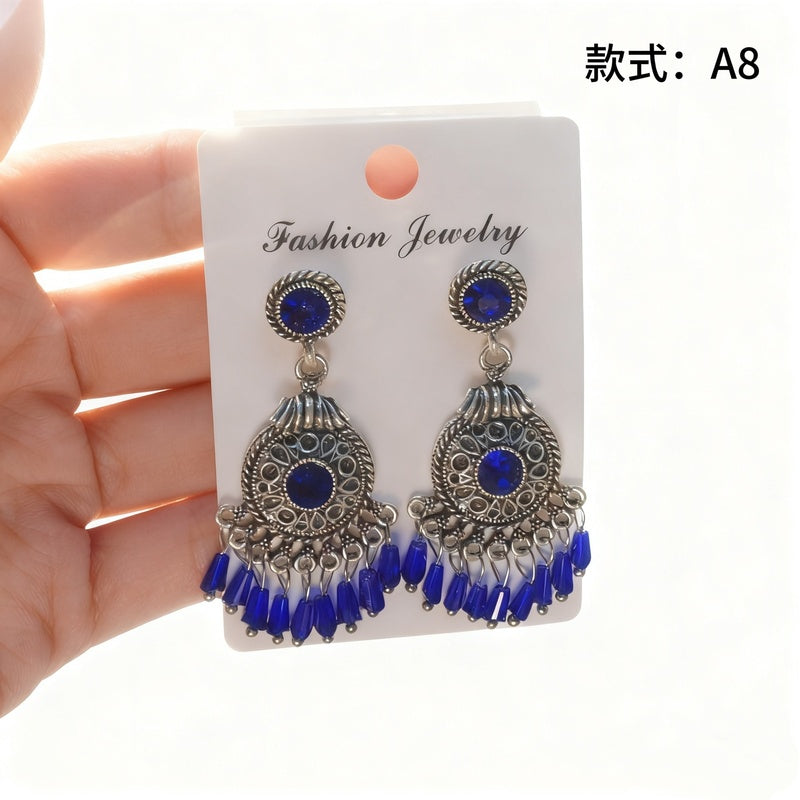 Bohemian style earrings with glass tassels, exaggerated and stylish