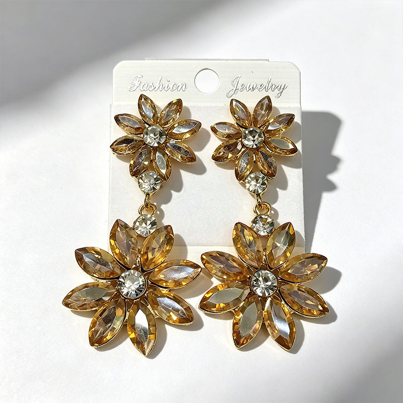 Light luxury style double-layer rhinestone flower for women, high-end versatile commuter earrings