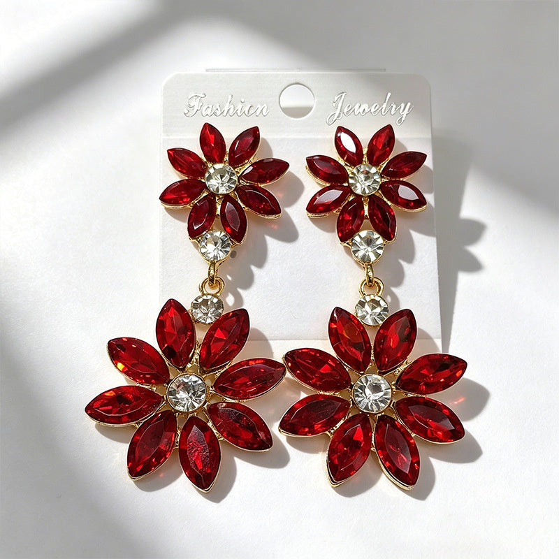 Light luxury style double-layer rhinestone flower for women, high-end versatile commuter earrings