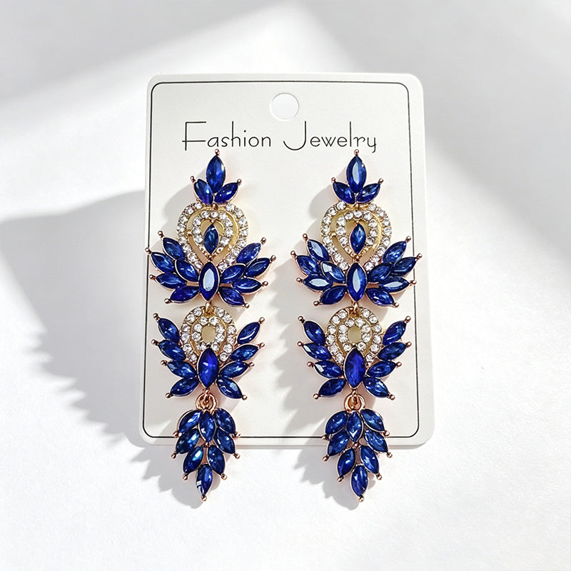 Colorful diamond wheat ear long earrings, niche light luxury design, stylish and versatile earrings
