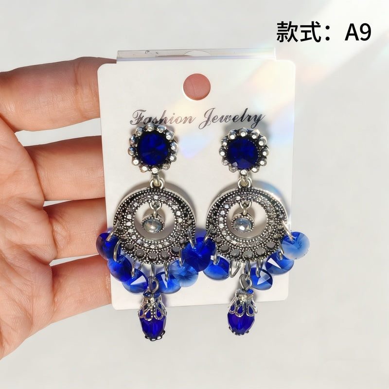 Bohemian style earrings with glass tassels, exaggerated and stylish