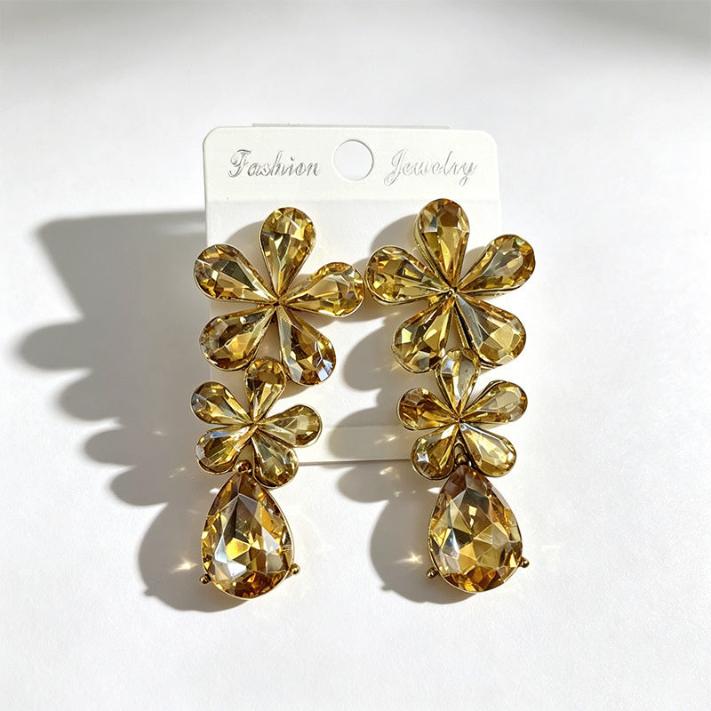 Floral waterdrop rhinestone long elegant multi-color crystal drop earrings, accessories for dress and banquet