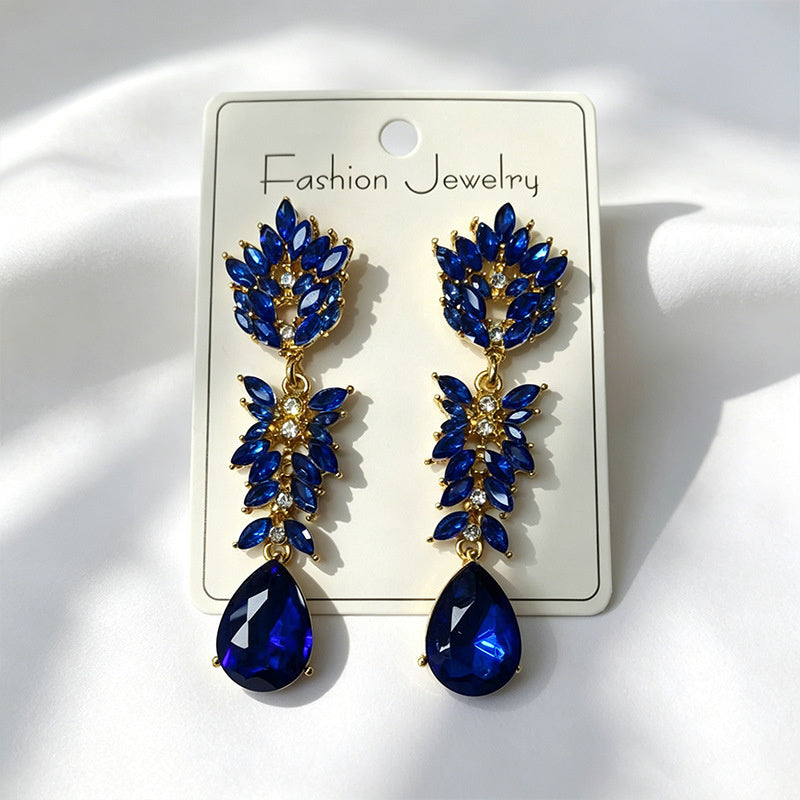 Colorful Crystal Leaf Long Earrings, Luxurious Palace-Style Exquisite Atmosphere Fashion Earrings