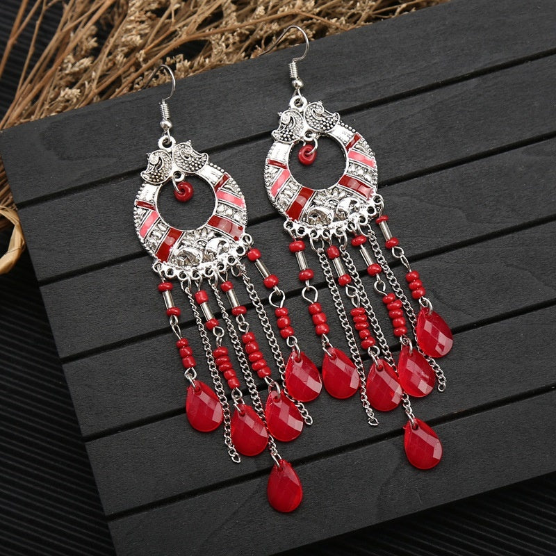 Cross-border handmade water drop seed bead Bohemian long tassel earrings, unique and exaggerated travel photo accessories
