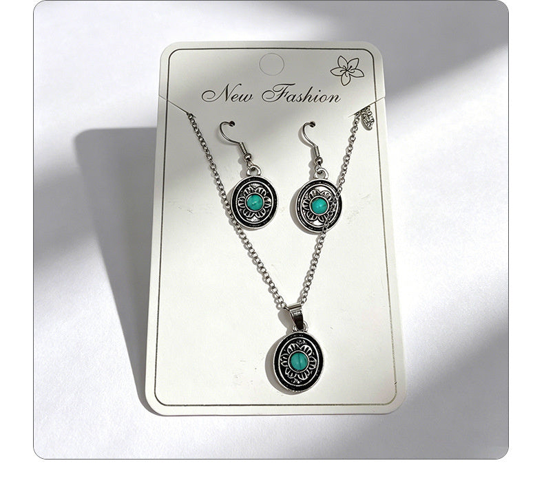 Distressed turquoise earring and necklace set, distressed alloy jewelry, bohemian style accessories
