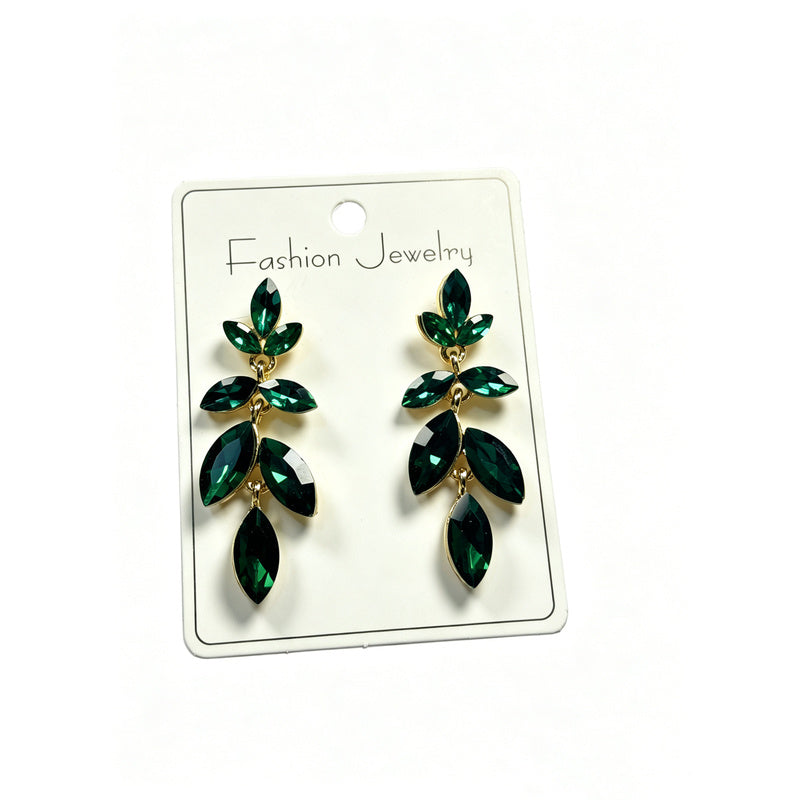 Fashionable and elegant leaf crystal earrings, long tassels, high-end versatile earrings for women, available in multiple colors