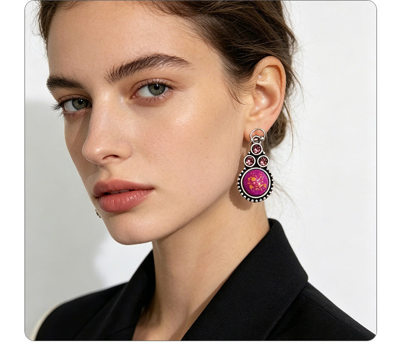 Rose purple gold-drip glaze earrings three small diamonds paired with a round main stone, versatile for everyday outings