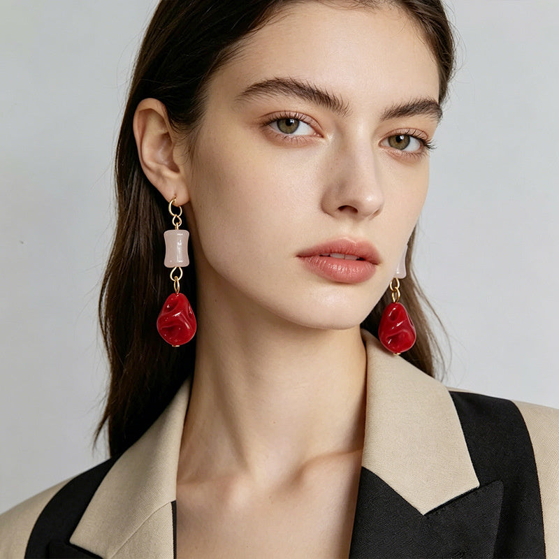 New Chinese-style red pendant pink bamboo earrings, versatile and elegant, traditional Chinese style earrings