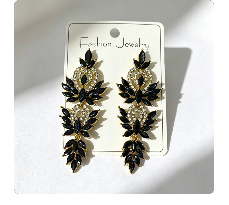 Colorful diamond wheat ear long earrings, niche light luxury design, stylish and versatile earrings