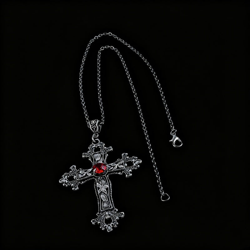 Patterned Cross and Earring Set Dark Punk Style Blood Red Gothic Necklace