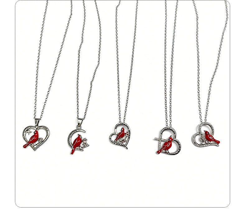 Crescent Red Bird Pendant Necklace for Women, Fashionable Heart-Shaped Diamond-Studded Clavicle Chain, Unique and Elegant Accessory