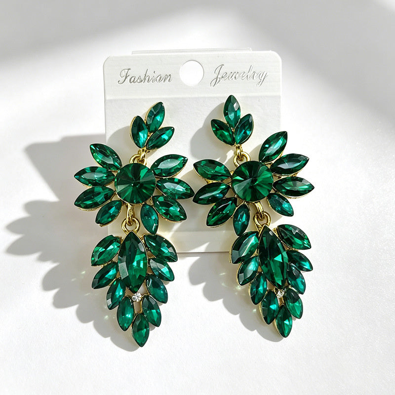 Colorful leaf rhinestone diamond-studded elegant long drop earrings, Hong Kong style party accessories