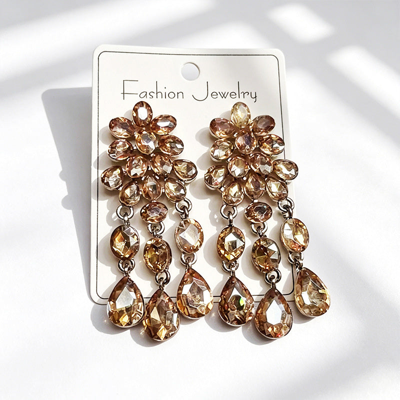 Luxurious water-drop colored diamond long earrings, evening dress accessory, multi-color crystal tassels, slimming and elegant earrings