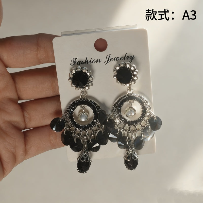 Bohemian style earrings with glass tassels, exaggerated and stylish