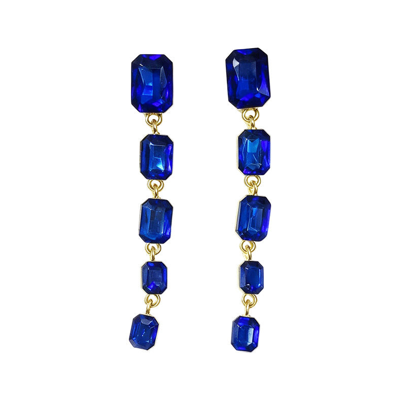 Palace-style rectangular colored diamond long drop gemstone pendant earrings, suitable for evening gowns, light luxury earrings