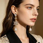 Crystal pearl with three-dimensional snowflake design and diamond inlay, Slimming long earrings