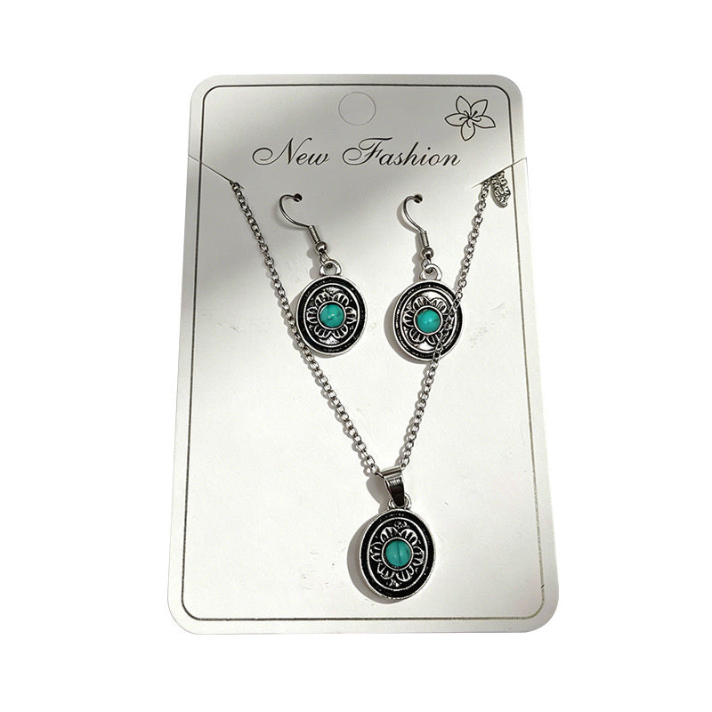 Distressed turquoise earring and necklace set, distressed alloy jewelry, bohemian style accessories