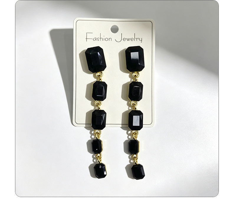 Palace-style rectangular colored diamond long drop gemstone pendant earrings, suitable for evening gowns, light luxury earrings