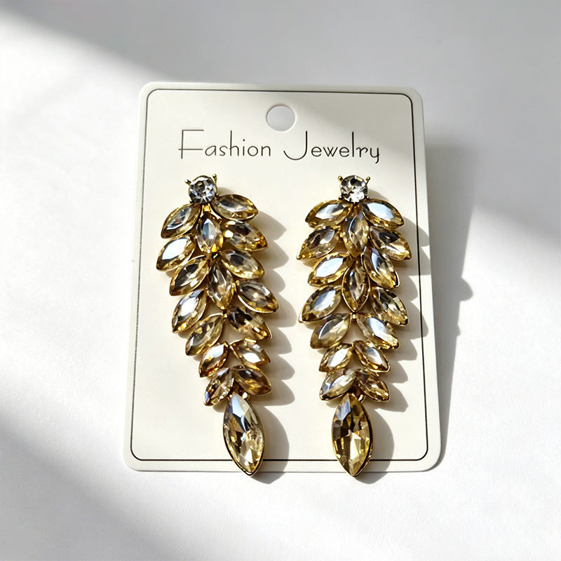 Diamond-studded leaf long tassel multi-color crystal earrings, evening style accessories