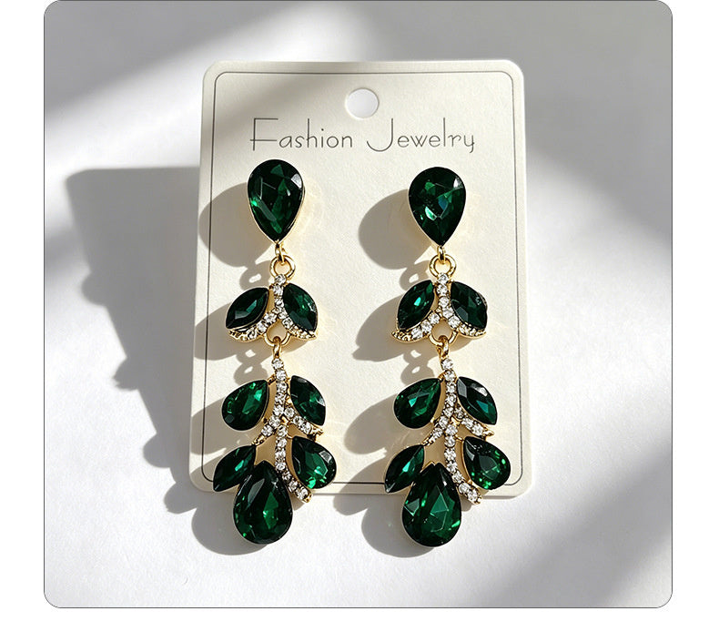 Colorful diamond leaf long earrings, niche light luxury design, stylish and versatile ear accessories