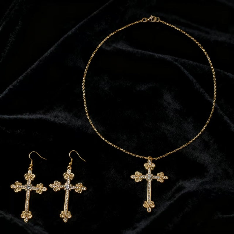 Cross necklace earring set, metal layered wear, simple and unique collarbone chain earrings