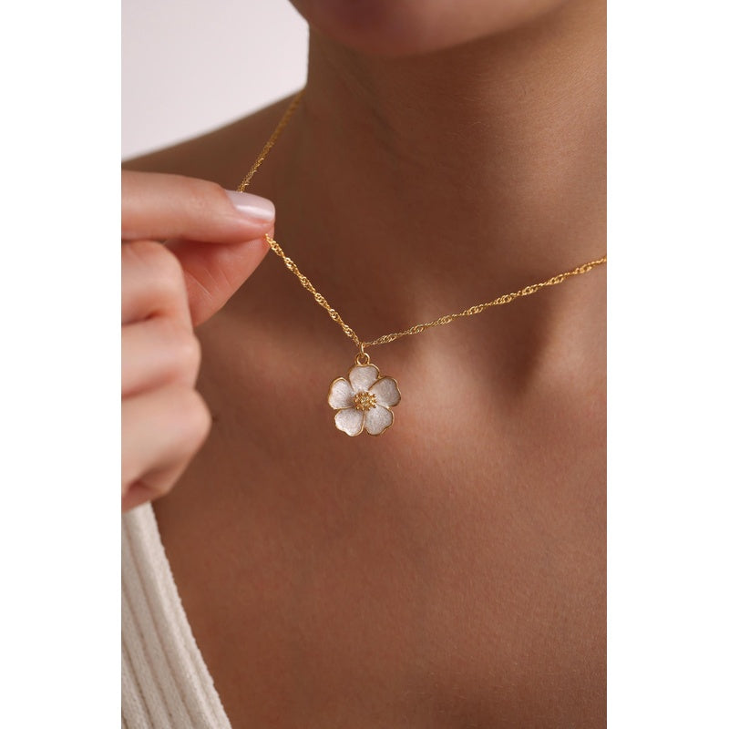 Plated Enamel Gold Sakura Flower Necklace, Christmas Gift, Gift for her, Everyday Necklace