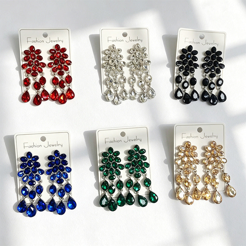 Luxurious water-drop colored diamond long earrings, evening dress accessory, multi-color crystal tassels, slimming and elegant earrings