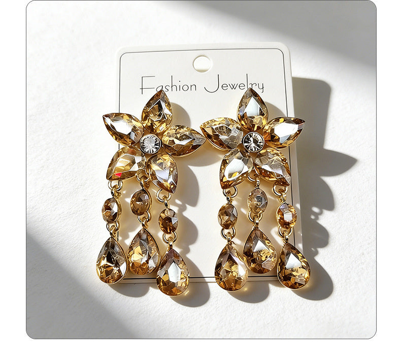 Colorful Gemstone Flower Long Tassel Rhinestone Drop Earrings Fashionable Trendy Women's Ear Accessories