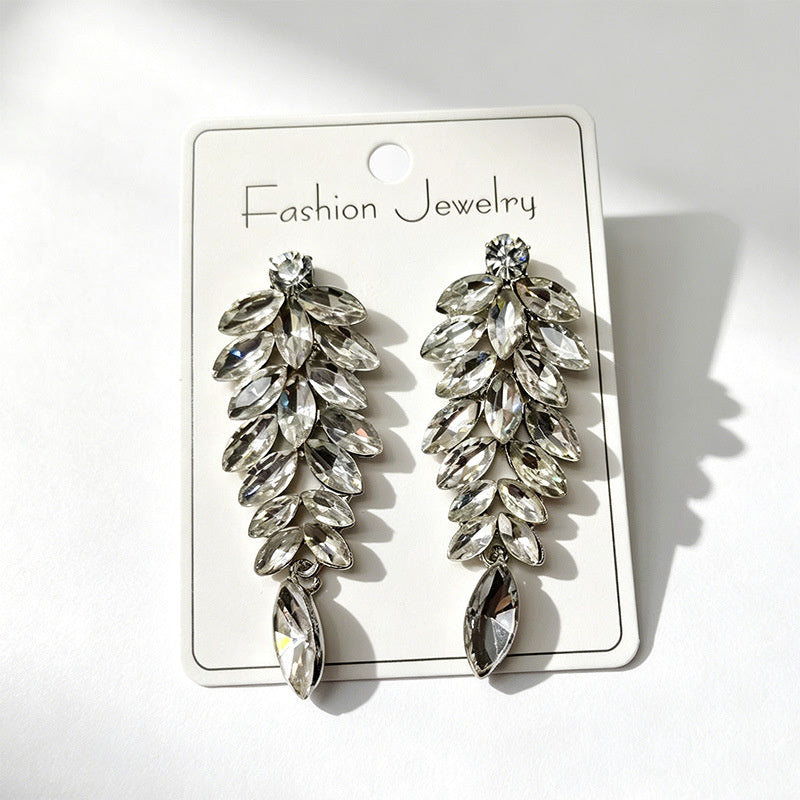 Diamond-studded leaf long tassel multi-color crystal earrings, evening style accessories