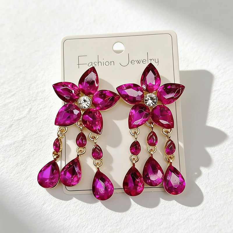 Colorful Gemstone Flower Long Tassel Rhinestone Drop Earrings Fashionable Trendy Women's Ear Accessories