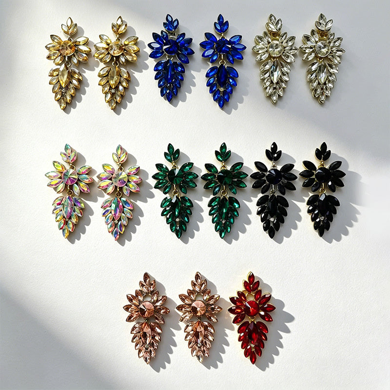 Colorful leaf rhinestone diamond-studded elegant long drop earrings, Hong Kong style party accessories