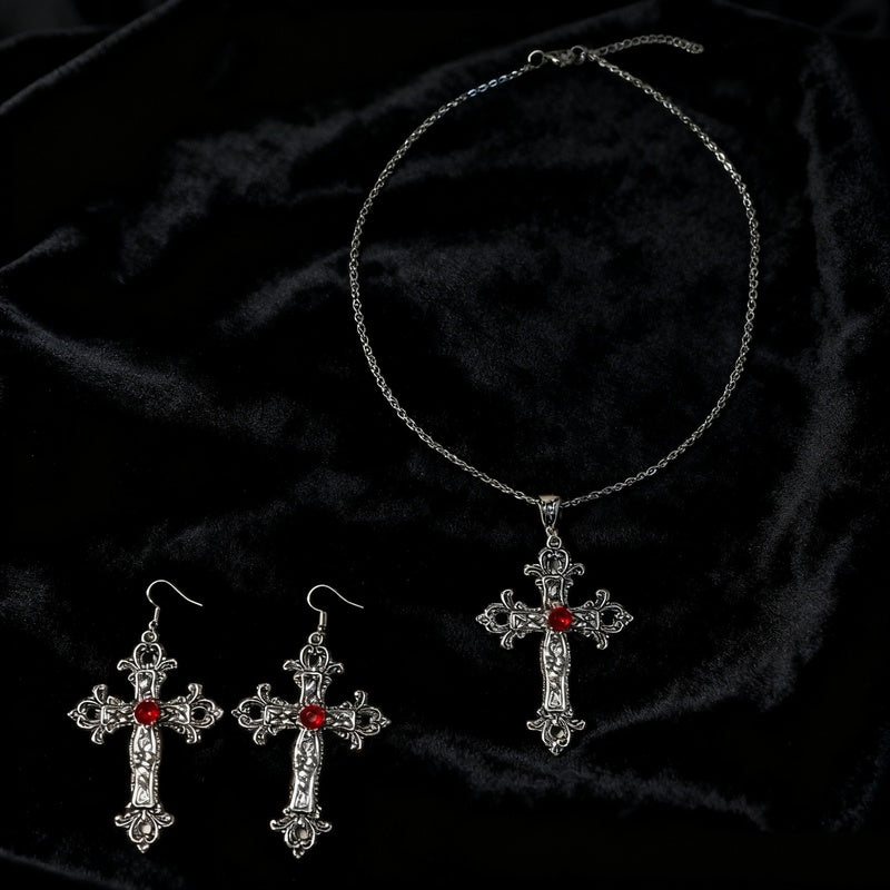 Patterned Cross and Earring Set Dark Punk Style Blood Red Gothic Necklace