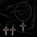 Patterned Cross and Earring Set Dark Punk Style Blood Red Gothic Necklace